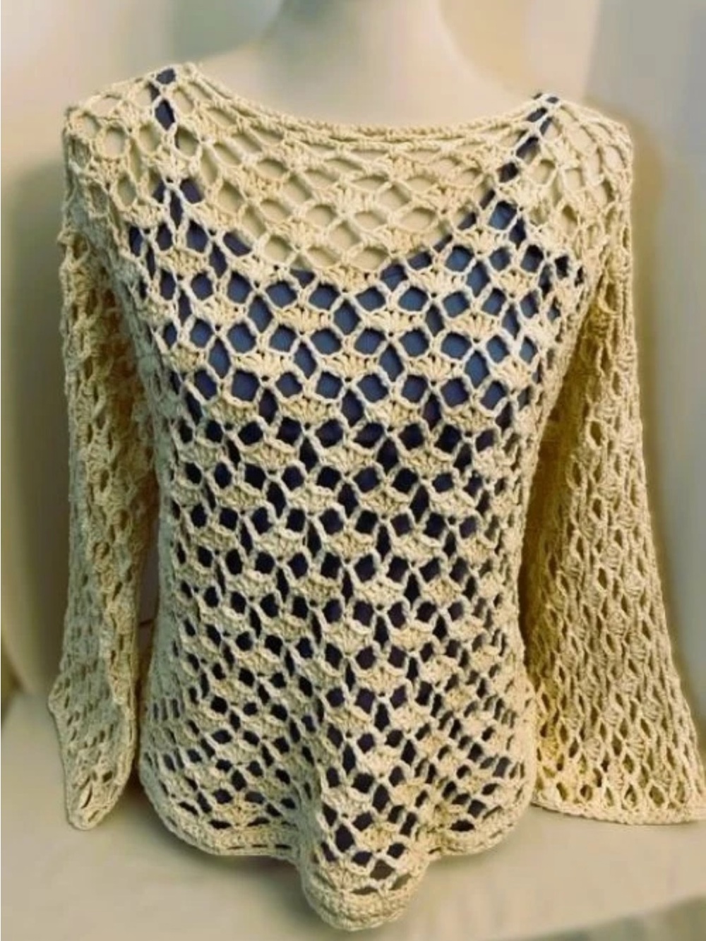 Open-Weave Cream Crochet Crop Top, Long Bell Sleeves 100% Cotton